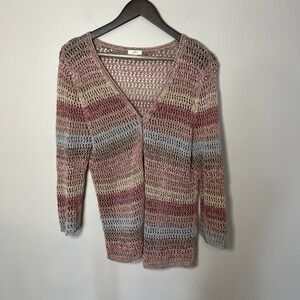 J‎ Jill Rainbow Crochet Cardigan Pink Open Knit Sz Small